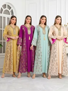 Robe Kaftan Longue à Manches Longues et Col en V pour Femmes Ample Élégante Brodée de Paillettes Métalliques Robe Maxi de Fête Ethnique