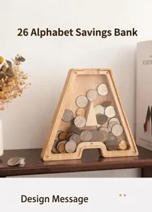 Houten letter spaarpot met transparant acryl paneel, creatieve bureau spaarpot voor munten