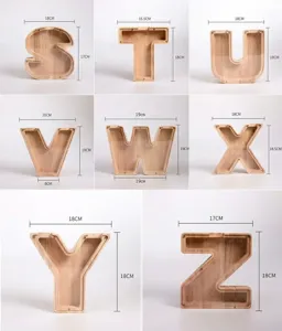Gedetailleerd overzicht met afmetingen voor houten letter spaarpotten met transparant acryl.