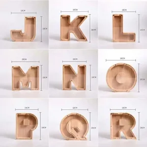 Houten letter spaarpot met helder acryl, alfabet spaardoos modellen J tot en met R.