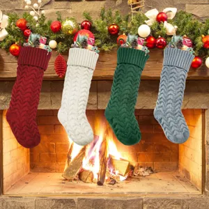 Knitted Christmas stockings with wave pattern, festive fireplace hanging decor, 4-piece set.