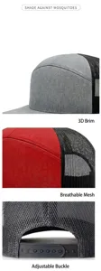 7-panel blank trucker hat with mesh back and adjustable snapback closure for custom embroidery.
