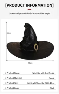 Cappello da strega in velluto nero per festa Halloween cosplay, cappello da mago vintage.