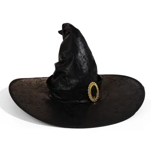 Cappello da strega nero in ecopelle per festa di Halloween, costume da mago e spettacolo.