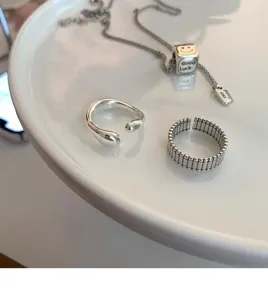 Korean style minimalist 925 silver geometric open rings set for women daily fashion jewelry