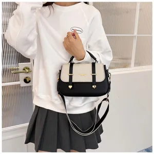 Detailed view of two-tone shoulder crossbody bag with dual strap decor and metal hardware for women.