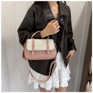 Pink white color block saddle bag women stylish top handle crossbody shoulder handbag.