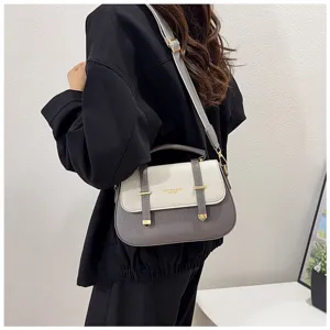 Two-tone leather top handle shoulder bag, stylish retro saddle bag with double straps for women.