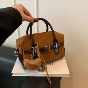 Retro Suède Handtas Boston Bag Voor Dames Kleurblokkering Forens Schoudertas Crossbody Tas Vintage Veelzijdige Top Handvat Handtas