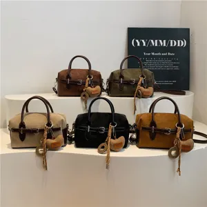 Vintage suède Boston handtas voor dames, chique contrasterende kleur schoudertas.