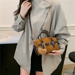 Retro suède Boston handtas voor dames, vintage contrasterende kleur schoudertas.