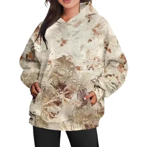 Ueberwucherter Kapuzenpullover mit abstraktem Kunst-Camouflage-Druck, laessiges Herbst-Oberteil.
