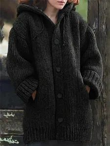Mid-length hooded knitted cardigan coat for women, casual open front sweater with buttons.