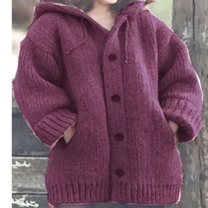 Mid-length hooded knit cardigan with buttons and pockets, cozy casual sweater coat for daily wear.