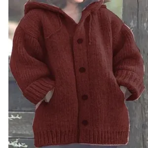 Women casual solid color knitted hooded cardigan sweater long sleeve button down outerwear.