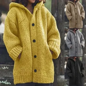 Women's Casual Hooded Cardigan Long Sleeve Pocket Knit Sweater Solid Color Open Front Outerwear Fall Winter Fashion Coat