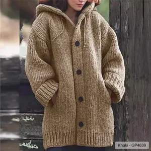 Chunky knit hooded cardigan for women, casual long sleeve button down sweater outerwear.