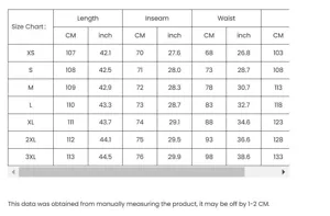 Size chart for women's casual trousers jeans detailing length inseam waist measurements XS to 3XL.