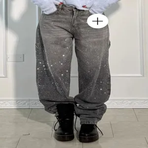 Women rhinestone wide leg jeans grey sparkly denim trousers casual streetwear pants