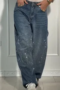 Women fashion rhinestone studded denim jeans casual loose cargo pants trousers new
