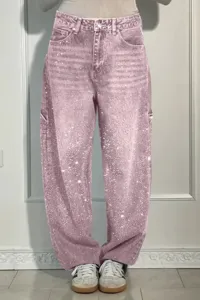 Women's pink rhinestone denim pants 2025 casual loose wide leg sparkling jeans trousers