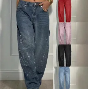 Women Casual High Waist Straight Leg Denim Pants Fashion Rhinestone Loose Long Jeans