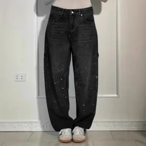 Women's black high waist wide leg denim jeans with starry hot rhinestones fashion casual pants.