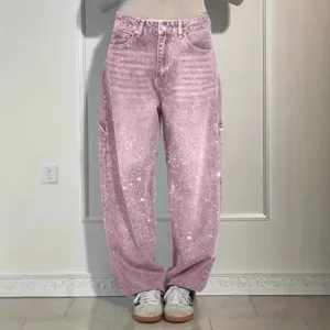 Pink Rhinestone Sparkly High Waist Wide Leg Denim Trousers Women Casual Loose Jeans