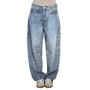 Women's sparkling rhinestone denim jeans casual loose straight leg long pants fashionable