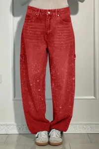 Red rhinestone wide leg jeans for women, sparkling crystal denim pants casual style.