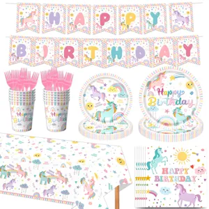 Set di stoviglie per feste di compleanno unicorno arcobaleno con striscione e piatti.