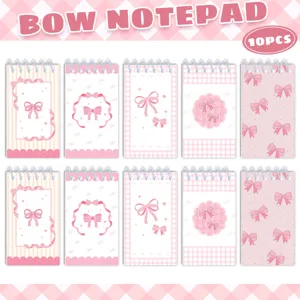 Pink bow spiral notepad set, 10pcs cute aesthetic journal notebooks for students and daily memo.
