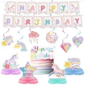 Unicorno festa di compleanno decorazione set con striscione e vortice topper per torta