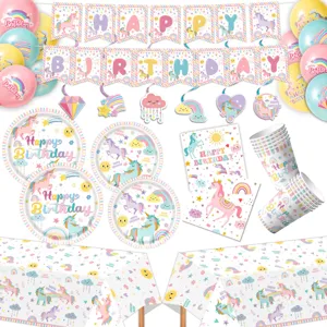 Stoviglie per Feste di Compleanno a Tema Unicorno Arcobaleno Decorazione Piatti di Carta Bicchieri Tovaglioli Tovaglia Banner Cake Toppers Palloncini
