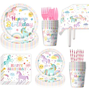 Set di stoviglie per festa di compleanno con unicorno arcobaleno piatti e bicchieri.