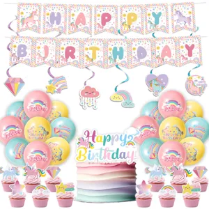 Set di decorazioni per festa di compleanno unicorno arcobaleno con banner e palloncini.