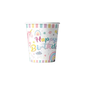 Bicchieri di carta compleanno tema unicorno arcobaleno, stoviglie festa usa e getta.