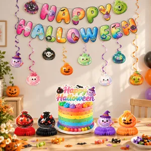 Decorazioni per Feste di Halloween Striscione Happy Halloween Spirali Ornamenti a Nido d'Ape Topper per Torta Fantasma Zucca Carta Stampata Articoli per Feste
