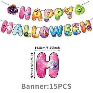 Banner per feste di Halloween, 15 cartoline con lettere colorate e simpatici elementi spettrali.