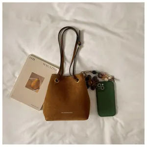 Brown suede bucket shoulder bag, vintage style daily commuter handbag with stylish double strap.