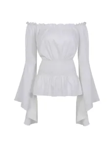 Blouse Rétro Médiéval pour Femmes Épaules Dénudées Manches Longues Trompette Taille Froncée Unie Haut Élégant Style Cour