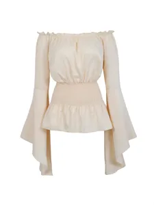Blusier beige epulettes decolletees manches longues taille smocquee medievale