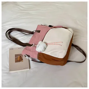 Sac cabas en toile colorblock pour étudiants sac d'école à bandoulière avec pendentif peluche