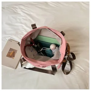 Sac cabas en toile rose et marron, sac d'école bandoulière polyvalent pour étudiants.