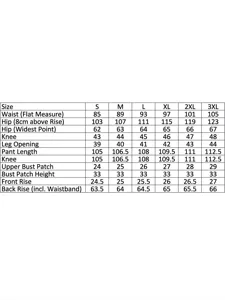 Detailed size chart for men denim overalls, showing waist, hip, and length measurements.