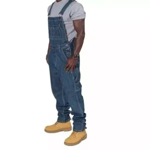 Men denim workwear overalls side detail showing multiple pockets and sturdy denim fabric style.