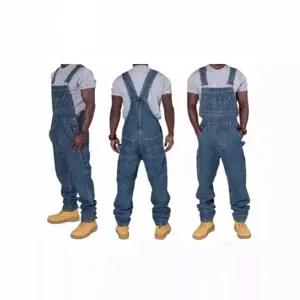 Detailed view of men's blue denim overalls showing multi-pocket workwear design from angles.