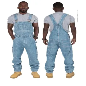 Men's light blue denim overalls multi-pocket casual workwear jumpsuit detail view design.