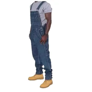 Mens blue denim overalls multi pocket workwear casual straight leg denim dungarees pants