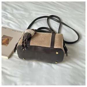 Vintage suede women crossbody bag retro contrast color top handle tote shoulder bag detail